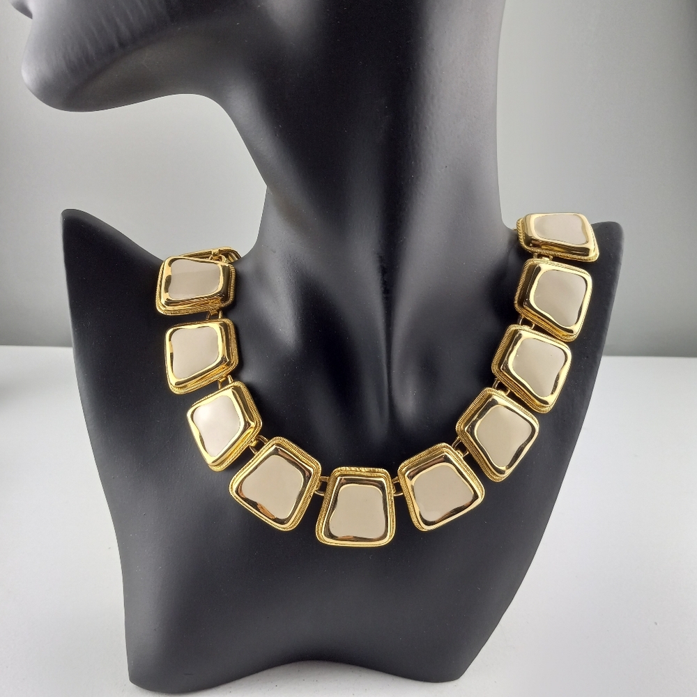 Gold Tone Cream Enamel Necklace